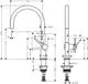 Einhebel-Küchenmischer von Hansgrohe in Chrom, dargestellt in Seitenansicht mit technischen Abmessungen und Armaturdetails.